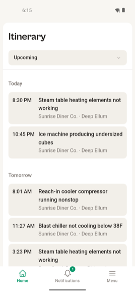 The Unifix app on a technician's phone, open on their itinerary: today's stops and tomorrow's, each with the time, the problem, and the site.